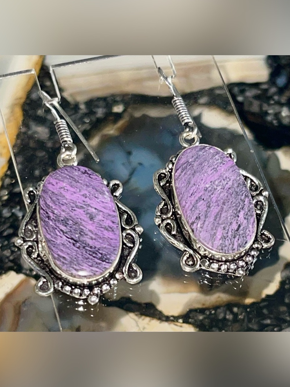 Purple Charoite “Lilac Stone” Earrings 1 7/8”